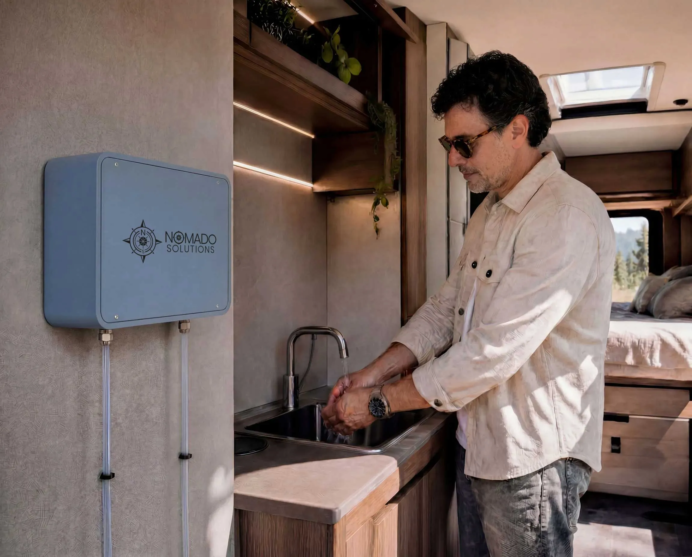 Man wearing sunglasses washing hands at a small kitchen sink in a cozy camper van.